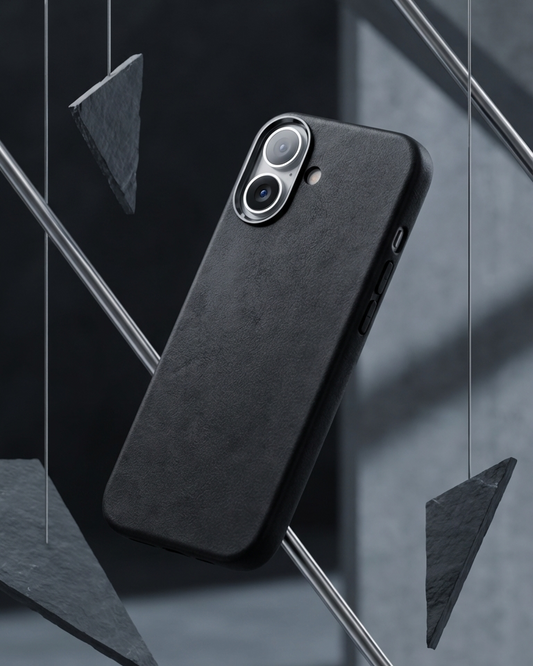 Black iPhone 17 Full Leather Cover made from Crazy Horse leather with precise cutouts for buttons and camera