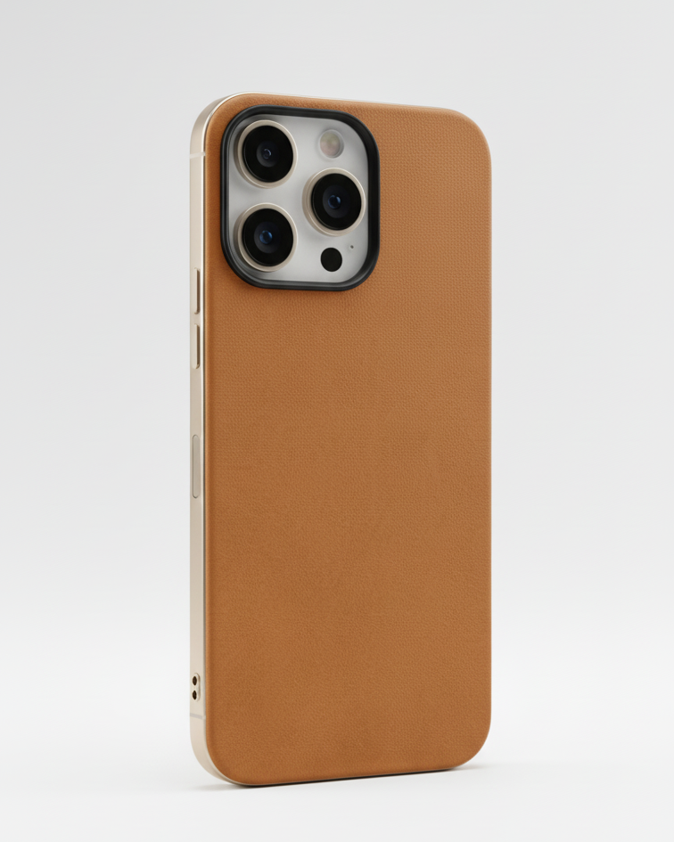 iPhone 16 Pro with Crazy Horse leather back in tan color, featuring a magnetic design for easy attachment.