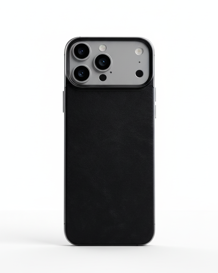 iPhone 17 Pro with black Crazy Horse leather magnetic back, showcasing sleek design and premium material.