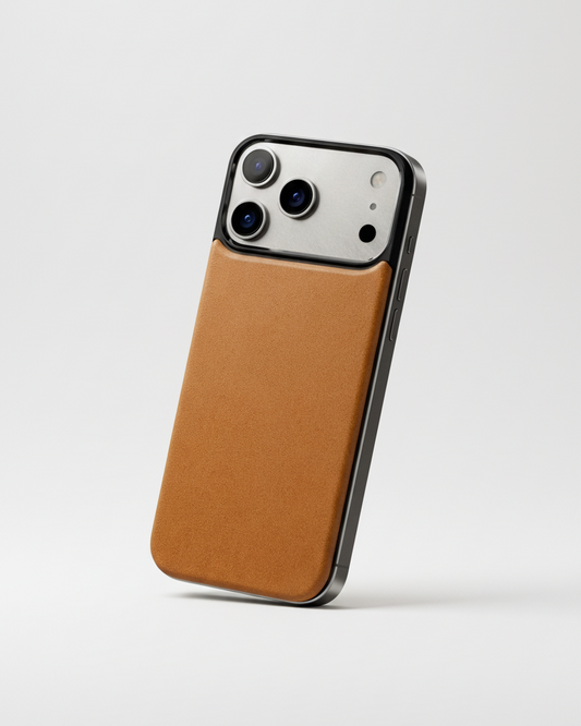 iPhone 17 Pro with Crazy Horse leather magnetic back in tan color and built-in MagSafe compatibility