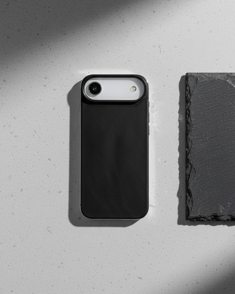 iPhone Air with Crazy Horse leather back in black, featuring MagSafe compatibility on a smooth surface.