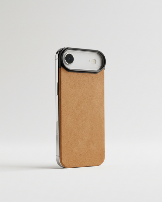 iPhone Air with Crazy Horse leather back in tan color and MagSafe compatibility on a plain background