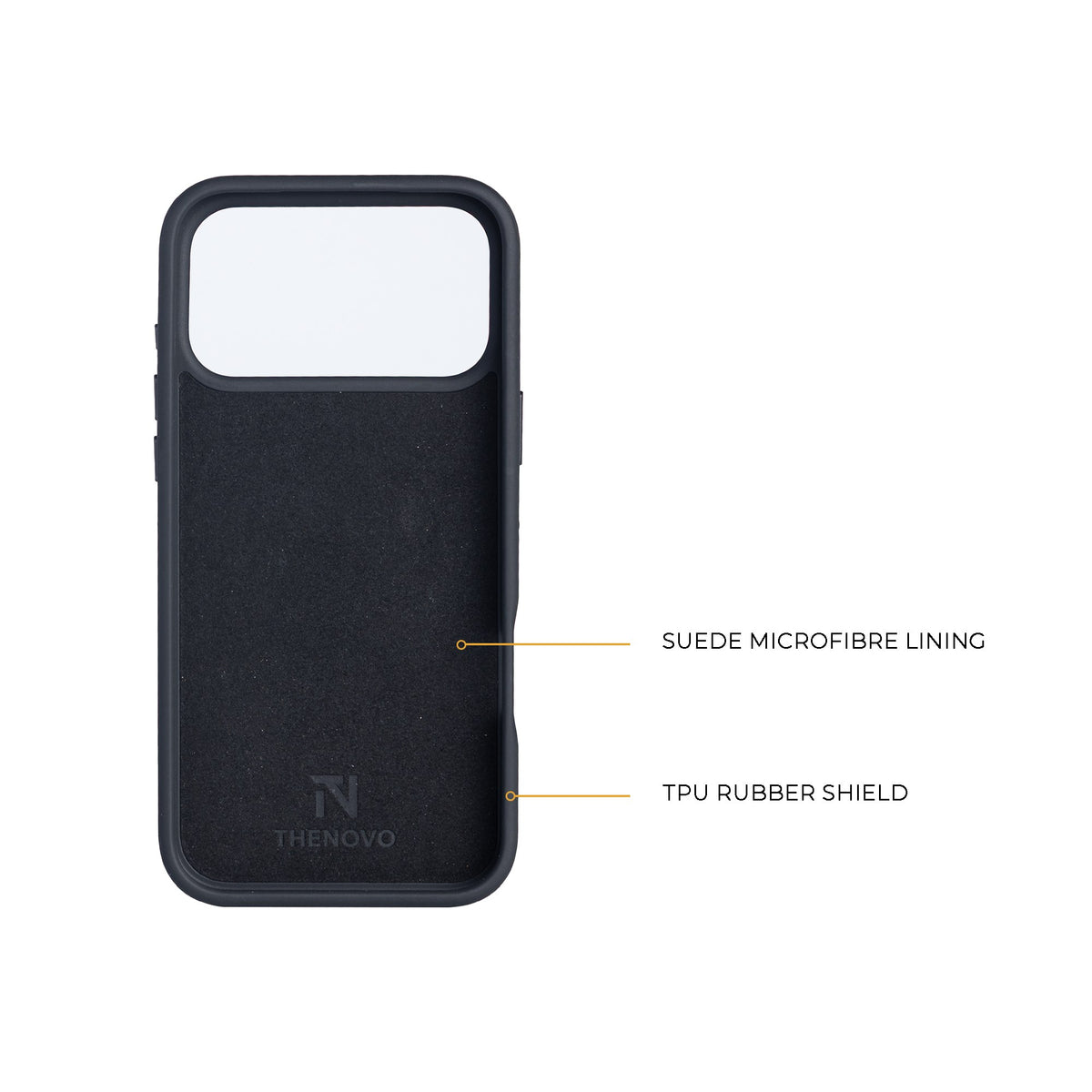 Inside of the THENOVO hybrid leather cover for iPhone 17 Pro Max, 17 Pro, 18 Pro Max and 18 Pro, suede microfibre lining