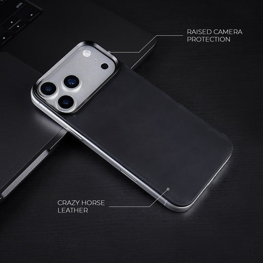 Black Crazy Horse magnetic leather back for iPhone 17 Pro Max, 17 Pro, 18 Pro Max and 18 Pro, on a dark desk
