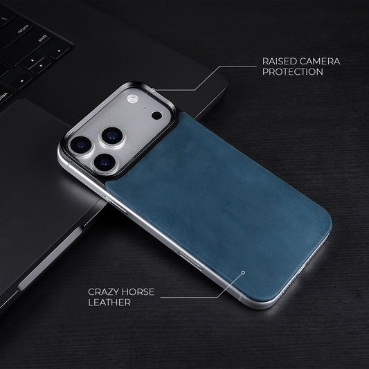 Navy Crazy Horse magnetic leather back for iPhone 17 Pro Max, 17 Pro, 18 Pro Max and 18 Pro, on a dark desk