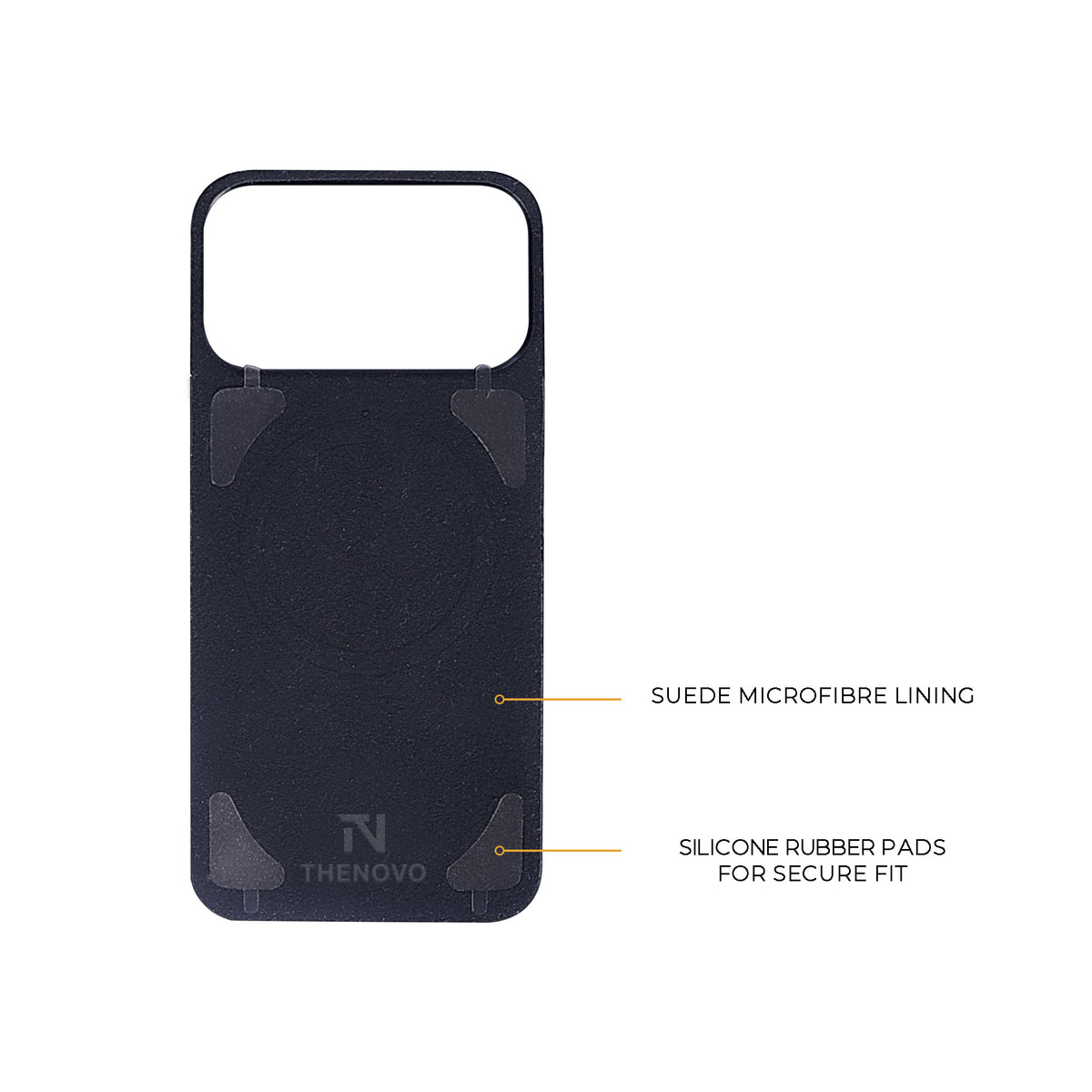 Inside of the THENOVO magnetic leather back for iPhone 17 Pro Max, 17 Pro, 18 Pro Max and 18 Pro, suede microfibre lining