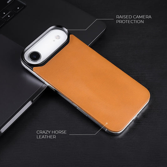Tan Crazy Horse magnetic leather back for iPhone Air, on a dark desk