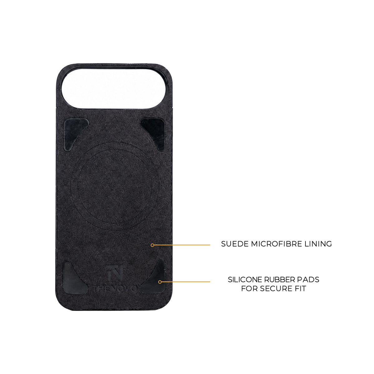 Inside of the THENOVO magnetic leather back for iPhone Air, suede microfibre lining