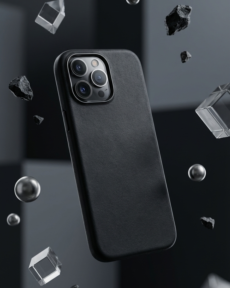 iPhone 16 Pro full leather cover in black made from Crazy Horse leather with precise cutouts for buttons.