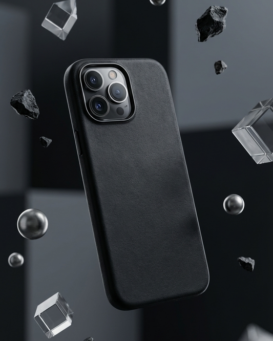 iPhone 16 Pro full leather cover in black made from Crazy Horse leather with precise cutouts for buttons.