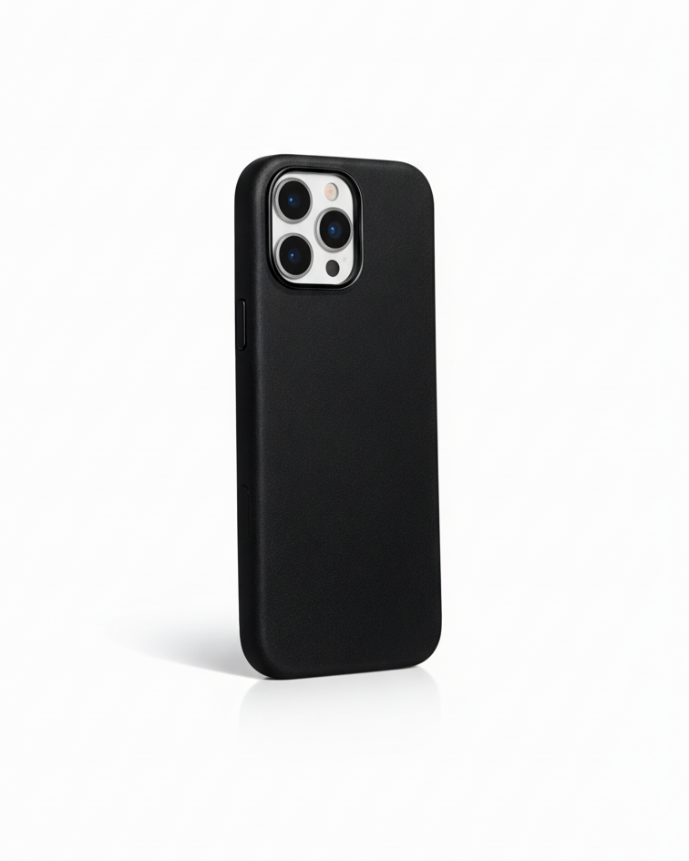 Black iPhone 16 Pro Full Leather Cover made from Crazy Horse leather with precise cutouts for buttons and camera