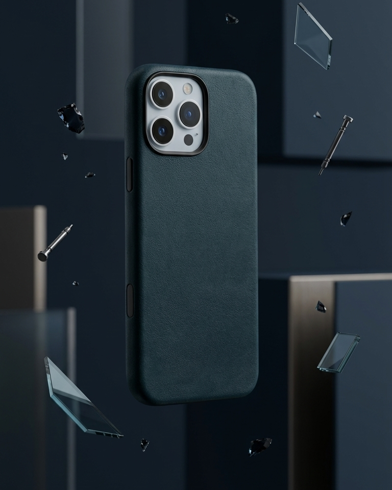 iPhone 16 Pro Full Leather Cover in navy Crazy Horse leather with precise cutouts for buttons and camera