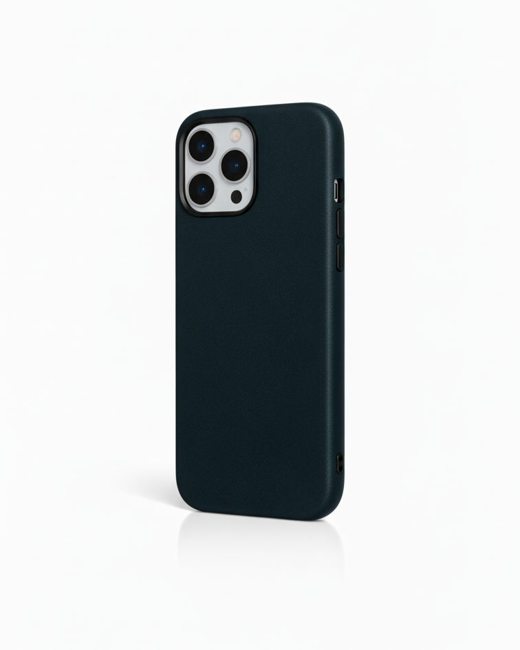 iPhone 16 Pro full leather cover in navy made from Crazy Horse leather with precise cutouts for buttons and camera