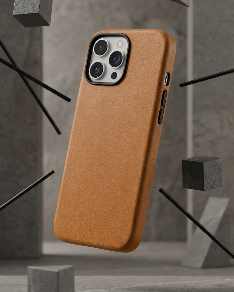 iPhone 16 Pro full leather cover in tan Crazy Horse leather with precise cutouts for buttons and camera