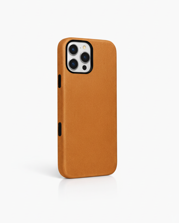 iPhone 16 Pro full leather cover in tan Crazy Horse leather with precise cutouts for buttons and ports