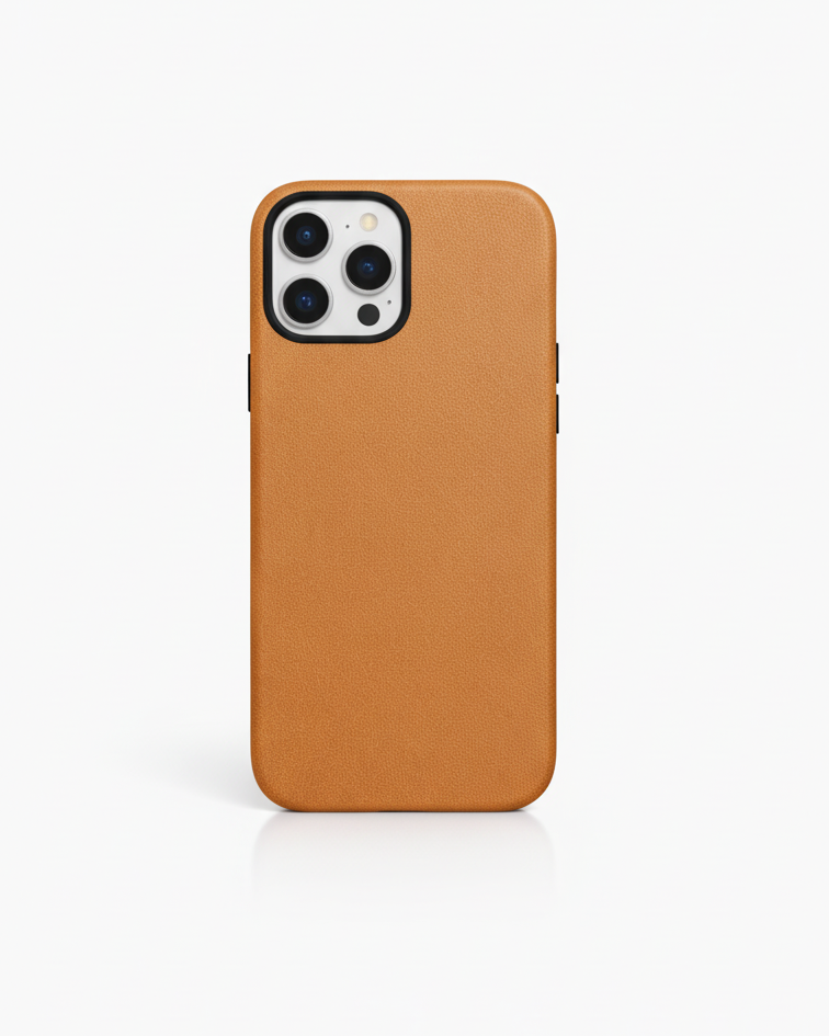 iPhone 16 Pro full leather cover in tan Crazy Horse leather with precise cutouts for camera and buttons