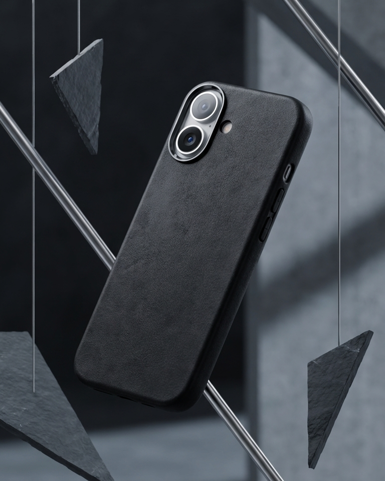 Black iPhone 17 Full Leather Cover made from Crazy Horse leather with precise cutouts for buttons and camera