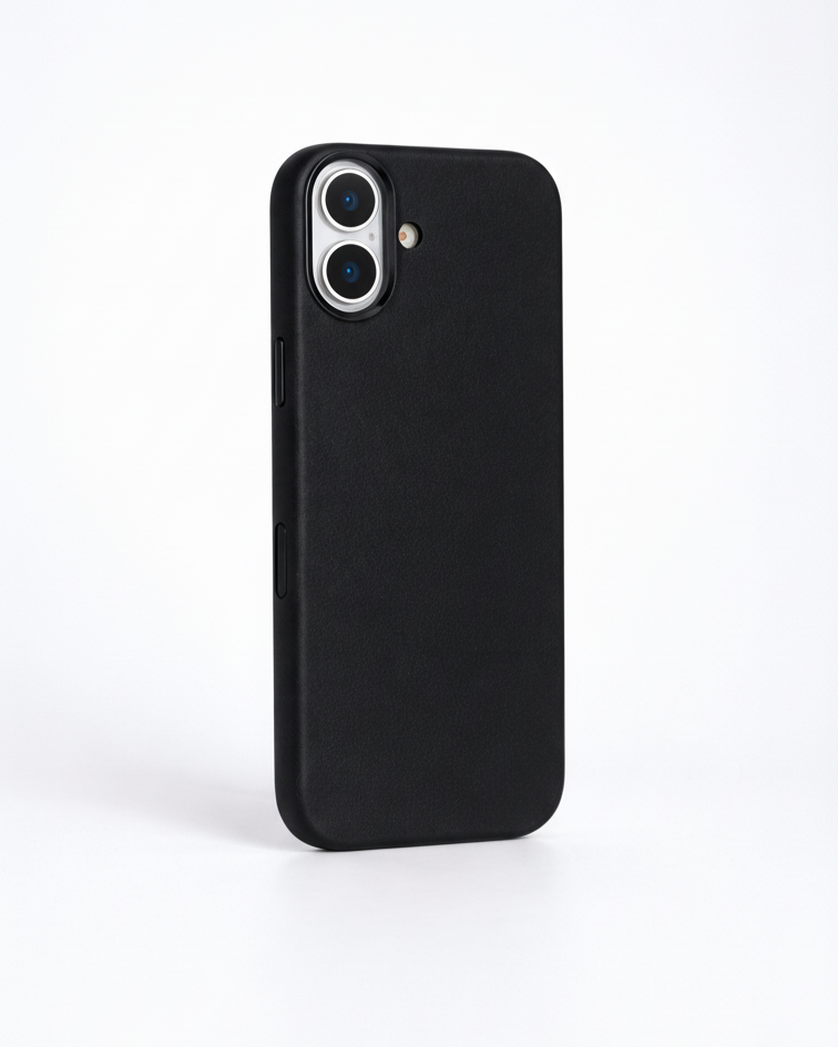 Black iPhone 17 Full Leather Cover made from Crazy Horse leather with precise cutouts for buttons and camera