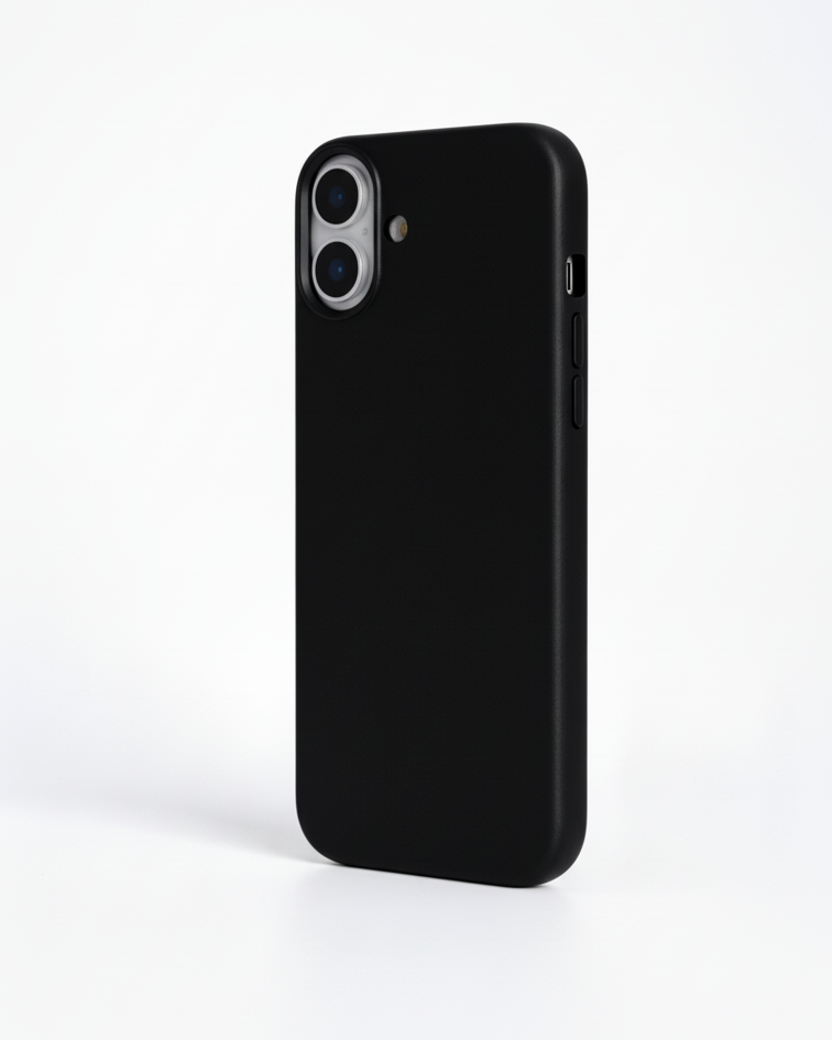Black iPhone 17 full leather cover made from Crazy Horse leather with precise cutouts for buttons and camera