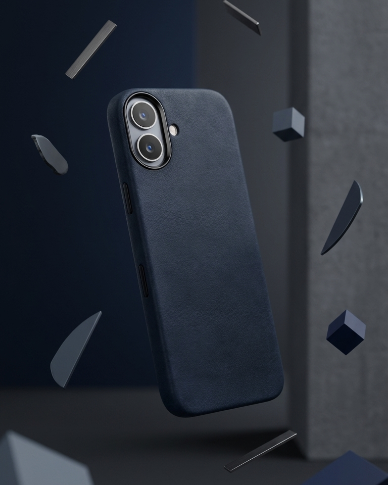 iPhone 17 Full Leather Cover in navy Crazy Horse leather with MagSafe compatibility and precise cutouts