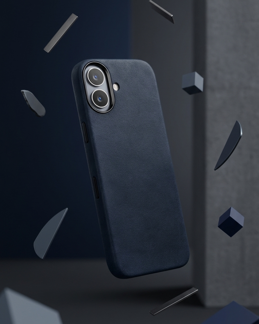 iPhone 17 Full Leather Cover in navy Crazy Horse leather with MagSafe compatibility and precise cutouts
