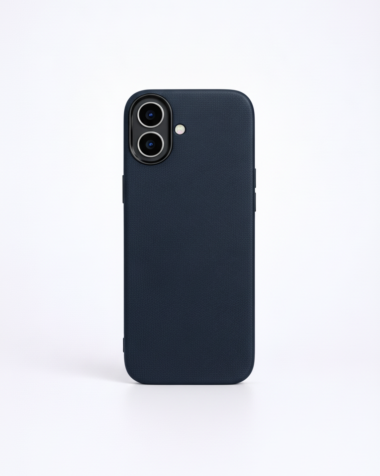 Navy iPhone 17 full leather cover made from Crazy Horse leather with precise cutouts for camera and buttons