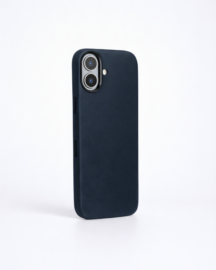 iPhone 17 full leather cover in navy made of Crazy Horse leather with precise cutouts for buttons and camera