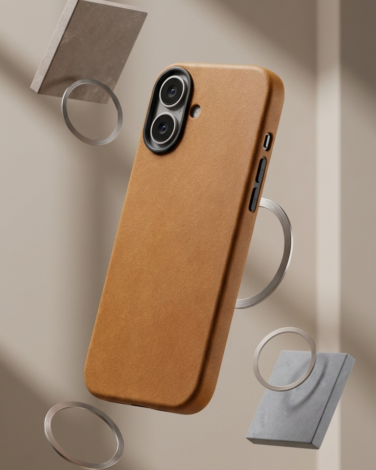 iPhone 17 full leather cover in tan Crazy Horse leather with precise cutouts and buttons
