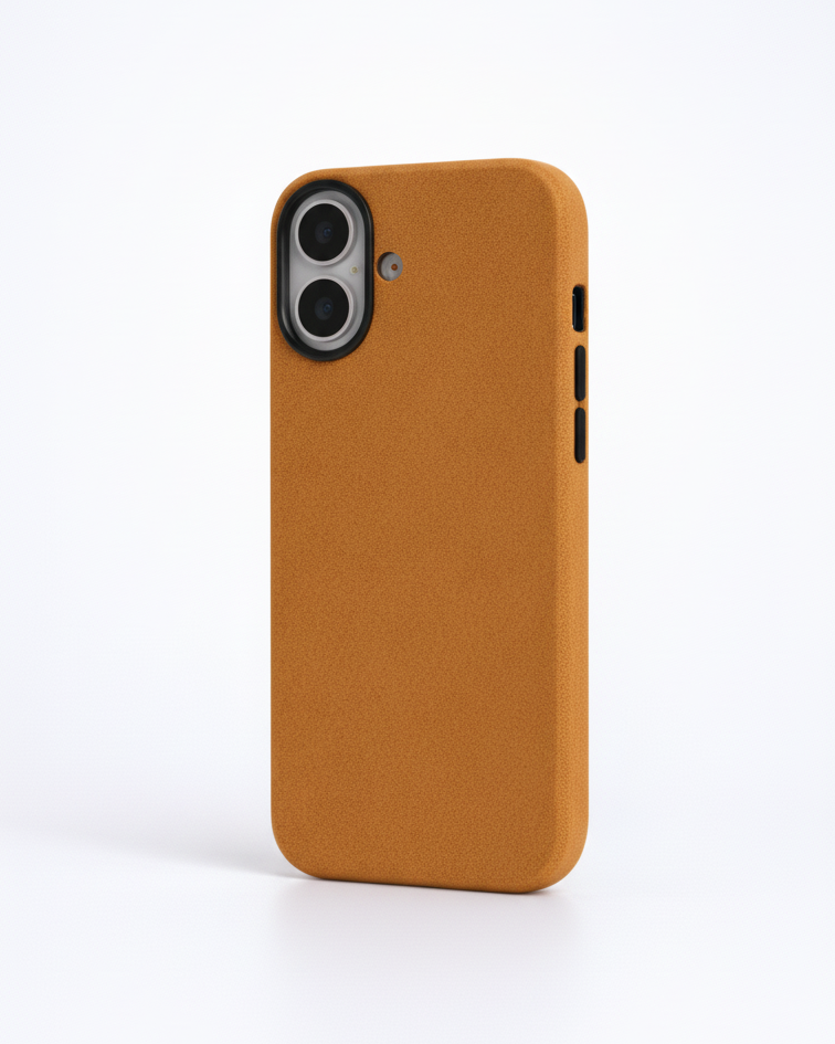 iPhone 17 full leather cover in tan Crazy Horse leather with precise cutouts for buttons and camera