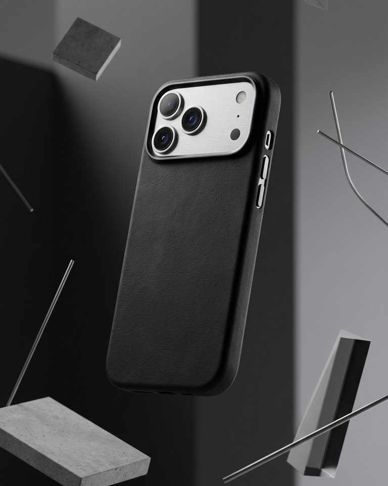 iPhone 17 Pro full leather cover in black made from Crazy Horse leather with precise cutouts for camera and buttons