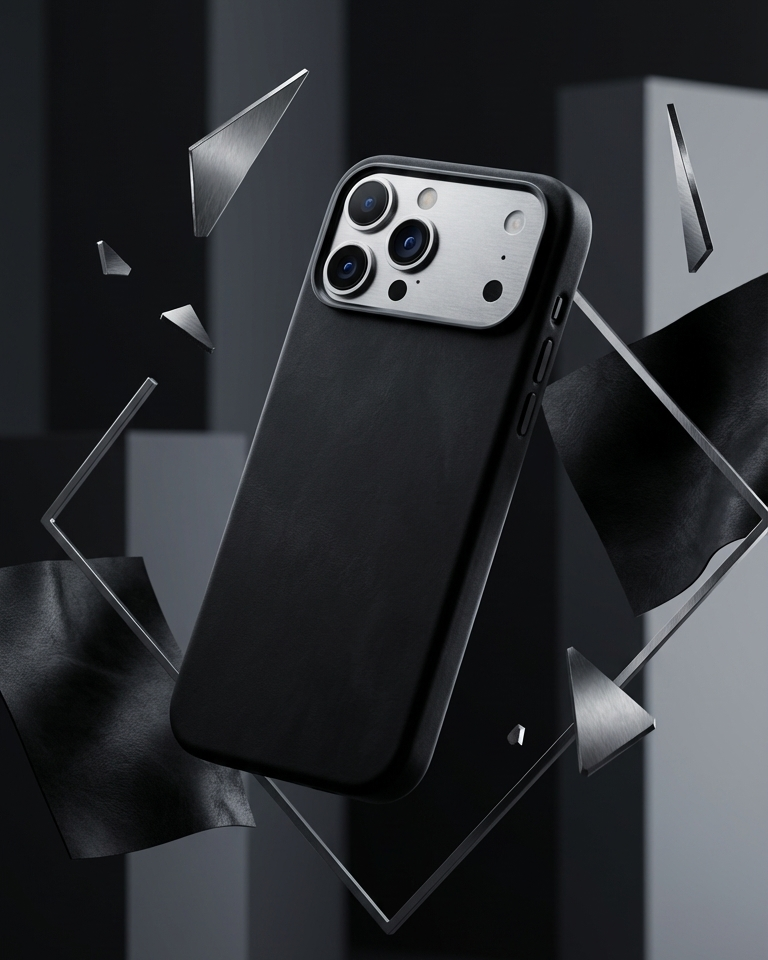 iPhone 17 Pro Full Leather Cover in black made from Crazy Horse leather with precise cutouts for camera and buttons
