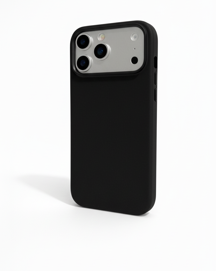 iPhone 17 Pro full leather cover in black made from Crazy Horse leather with precise cutouts for camera and buttons
