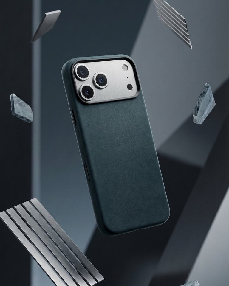 iPhone 17 Pro full leather cover in navy made from Crazy Horse leather with precise cutouts for camera and buttons
