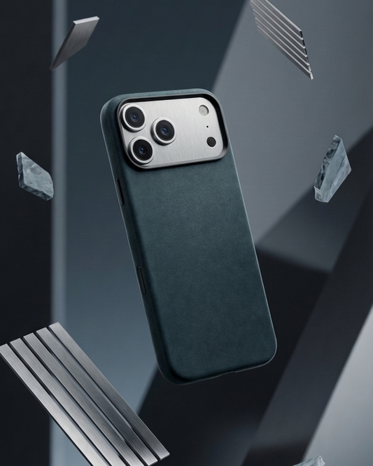iPhone 17 Pro full leather cover in navy made from Crazy Horse leather with precise cutouts for camera and buttons
