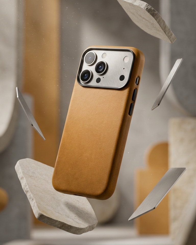 iPhone 17 Pro Full Leather Cover in Crazy Horse leather with a tan finish and precise cutouts for camera and buttons