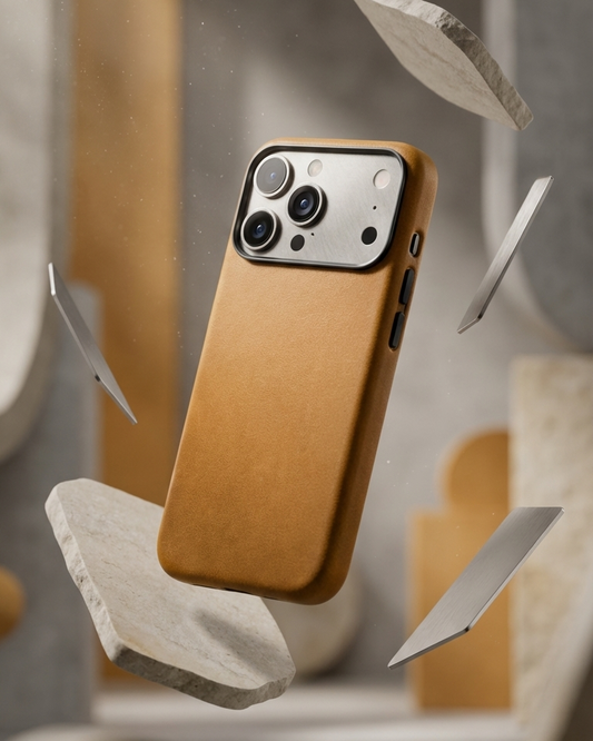 iPhone 17 Pro Full Leather Cover in Crazy Horse leather with a tan finish and precise cutouts for camera and buttons
