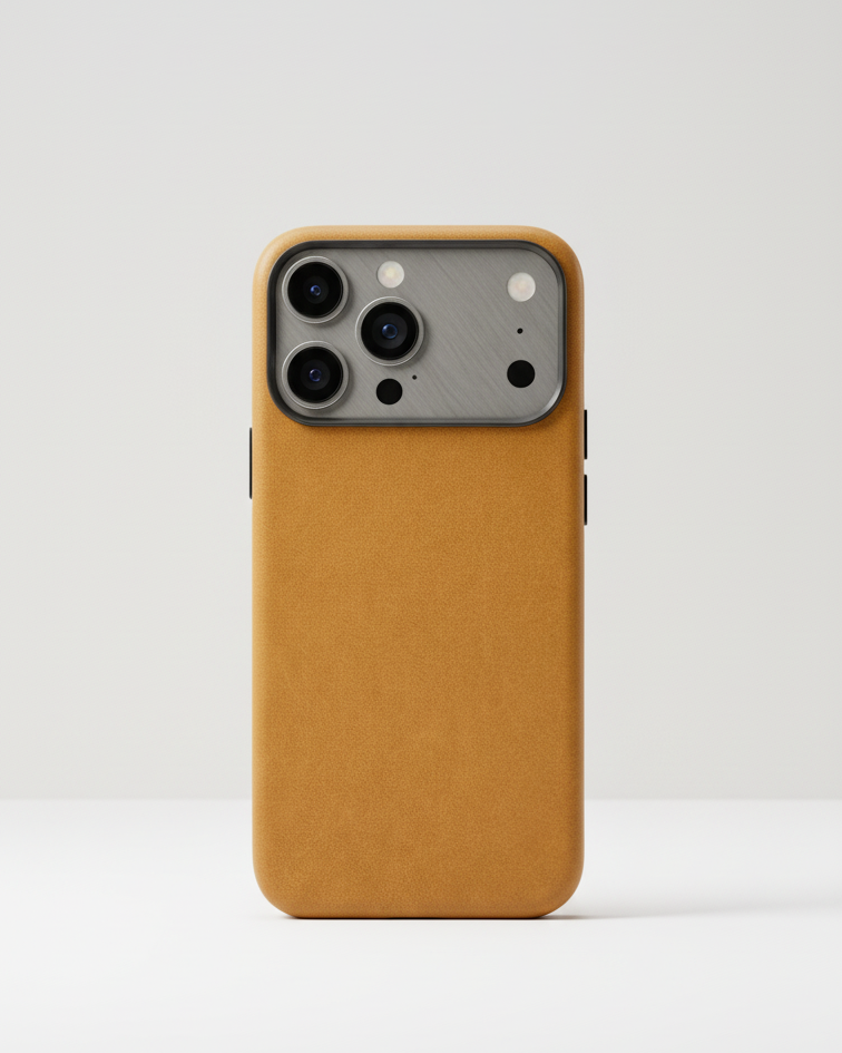 iPhone 17 Pro full leather cover in tan Crazy Horse leather with precise cutouts for camera and buttons