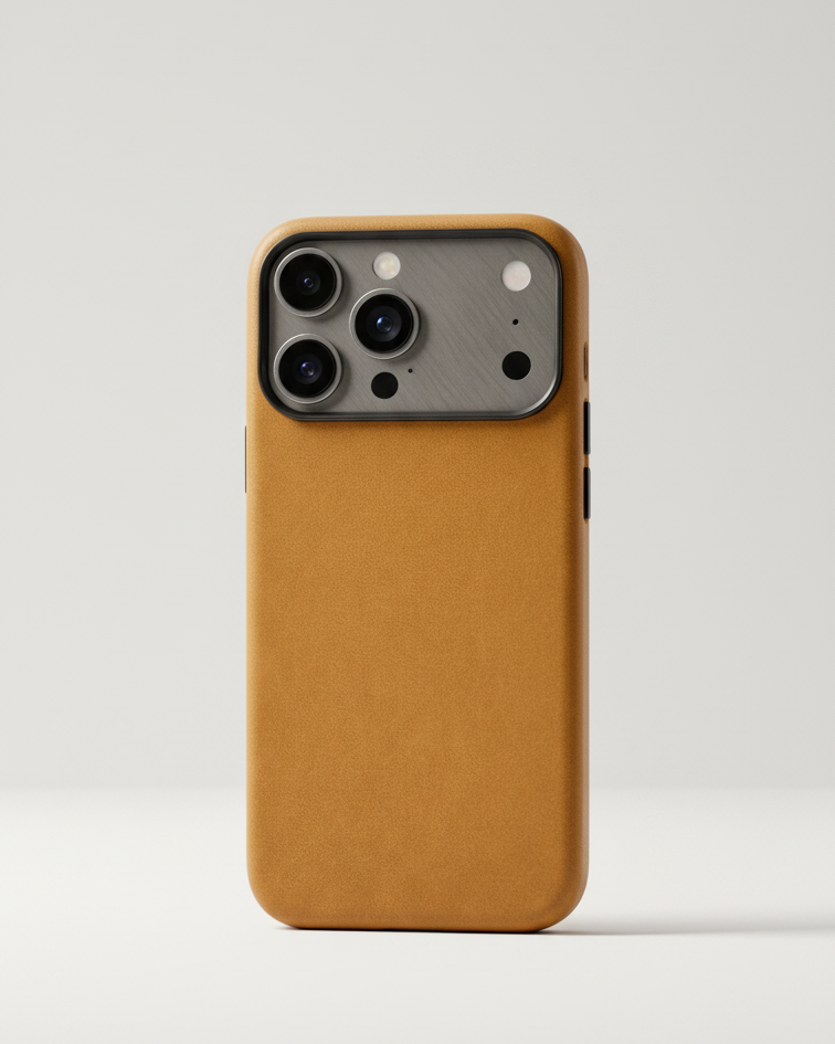 iPhone 17 Pro full leather cover in tan Crazy Horse leather with precise camera cutouts