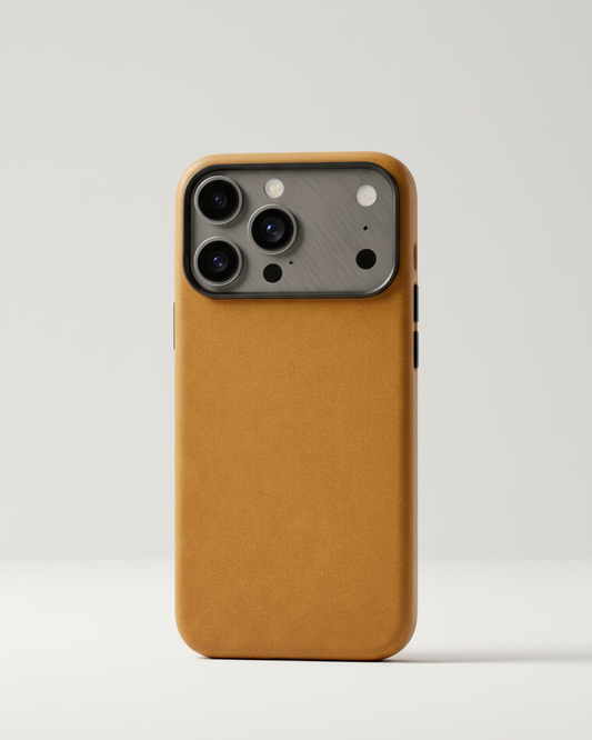 iPhone 17 Pro full leather cover in tan Crazy Horse leather with precise camera cutouts