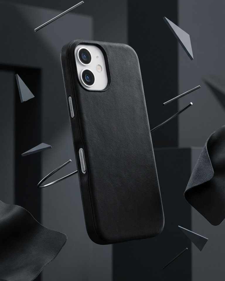 Black iPhone 17 Hybrid Leather Cover made from Crazy Horse leather with precise cutouts for buttons and camera