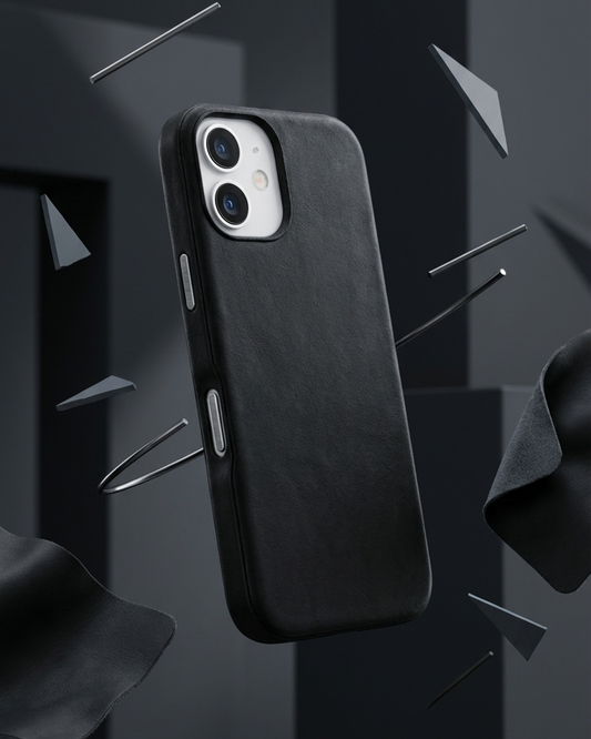 Black iPhone 17 Hybrid Leather Cover made from Crazy Horse leather with precise cutouts for buttons and camera