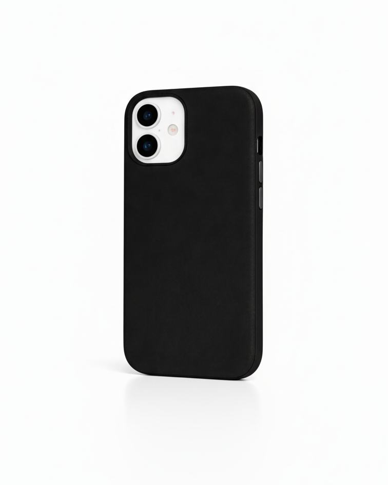 iPhone 17 Hybrid Leather Cover in black made of Crazy Horse leather with precise cutouts for buttons and camera