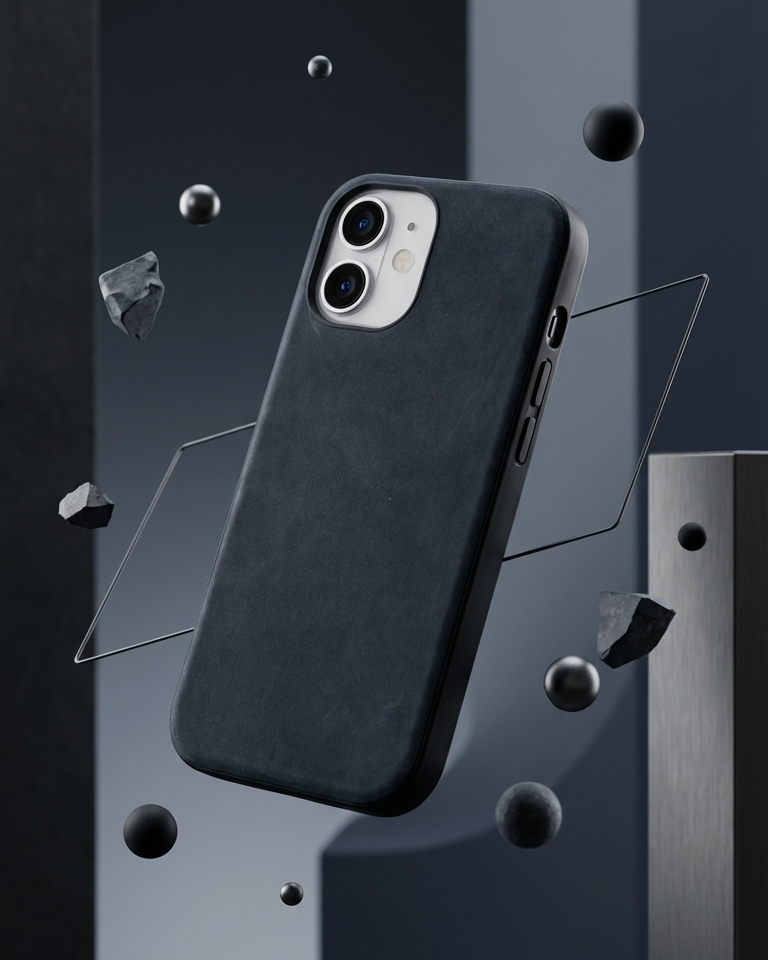 iPhone 17 Hybrid Leather Cover in navy Crazy Horse leather with precise cutouts for buttons and ports