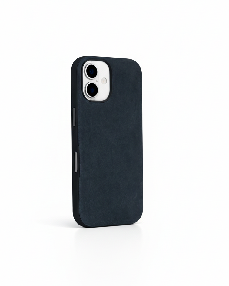 iPhone 17 Hybrid Leather Cover in navy with Crazy Horse leather and precise cutouts for buttons and camera
