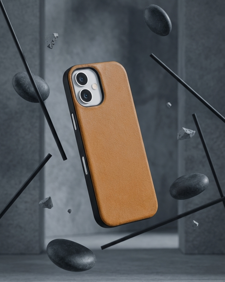 iPhone 17 Hybrid Leather Cover in tan Crazy Horse leather with precise cutouts for buttons and ports