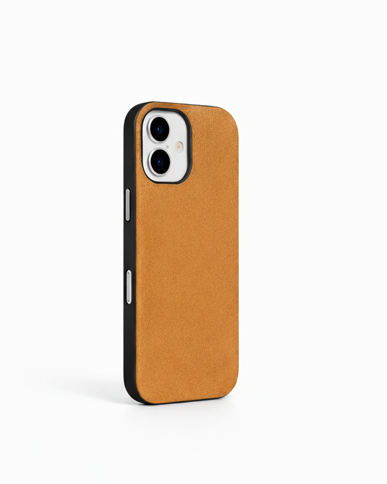 iPhone 17 Hybrid Leather Cover in tan Crazy Horse leather with a sleek black frame