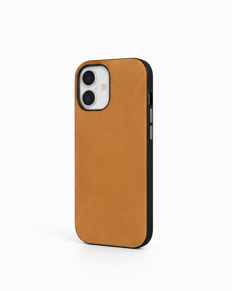iPhone 17 Hybrid Leather Cover in tan Crazy Horse leather with a black frame for protection