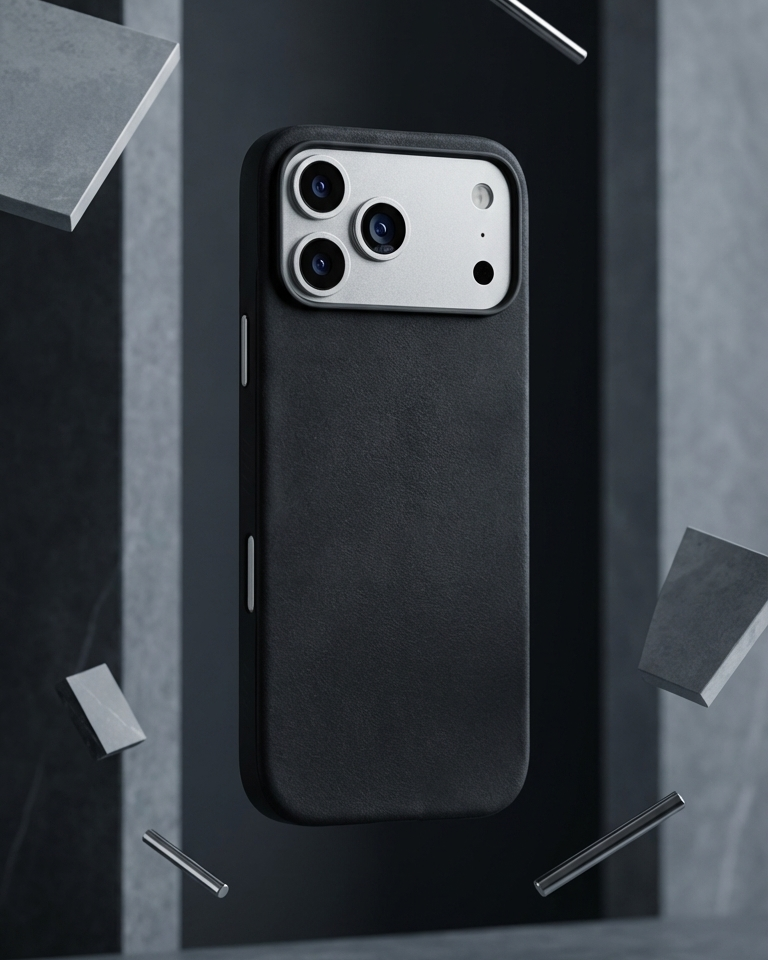 iPhone 17 Pro hybrid leather cover in black made from Crazy Horse leather with precise cutouts for buttons