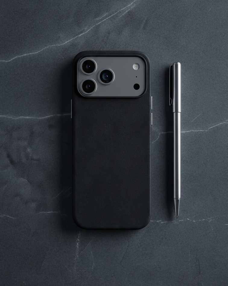 iPhone 17 Pro Hybrid Leather Cover in black Crazy Horse leather with precise cutouts for camera and buttons