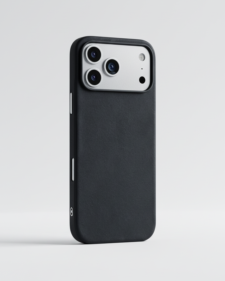 iPhone 17 Pro Hybrid Leather Cover in black made from Crazy Horse leather with precise cutouts for camera and buttons